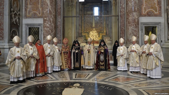 Pope is flanked by the two Catholicoi and the Vatican bishops